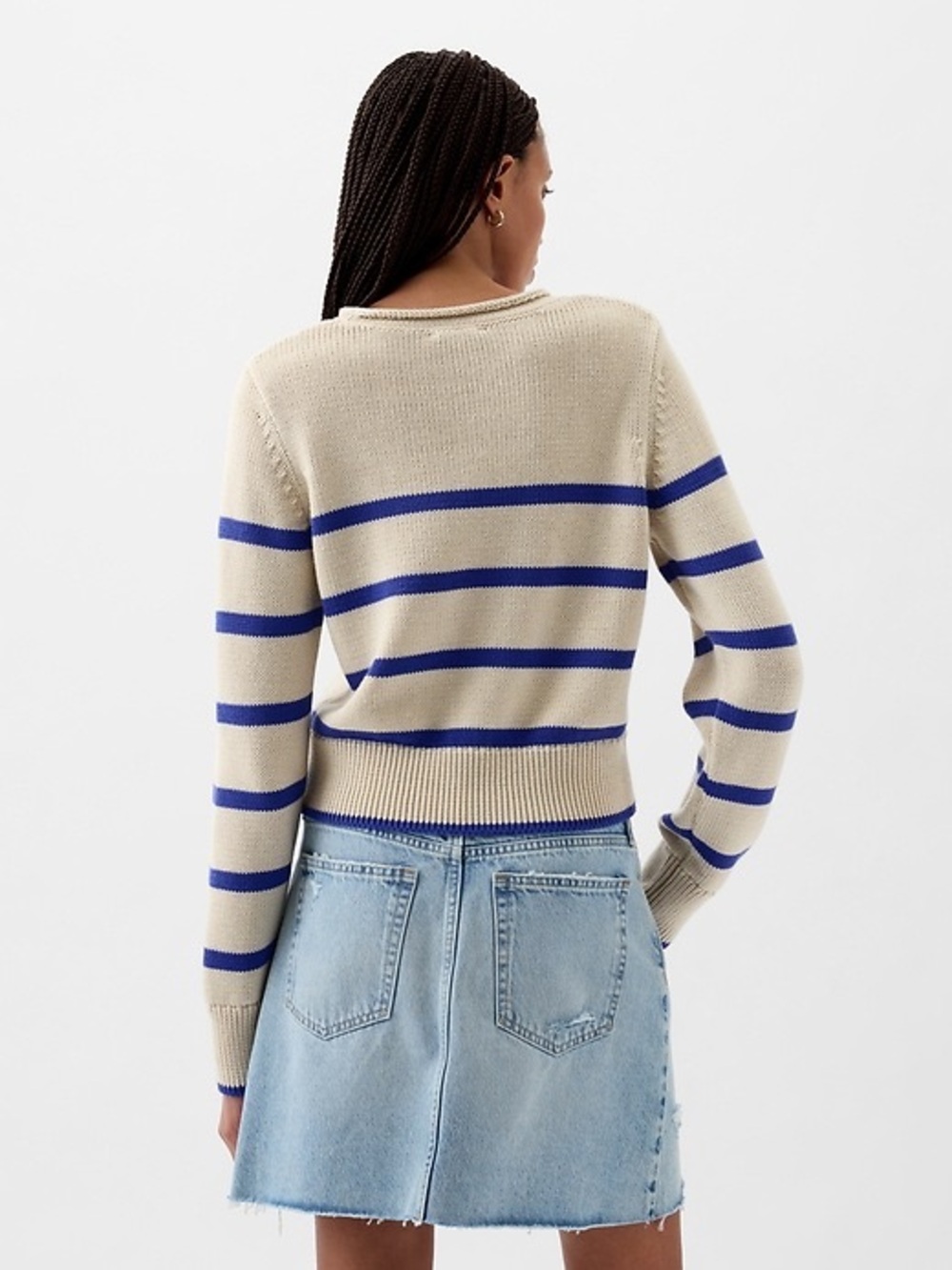 Gap 2024 Roll Neck Sweater Blue and White Fisherman Cropped 100% Cotton Size XS - Picture 2 of 11